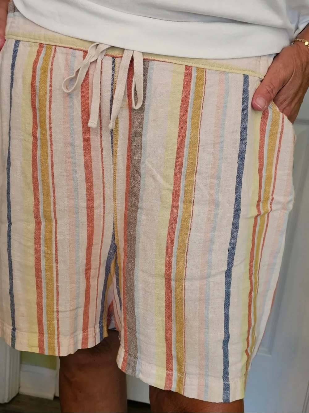 Striped Linen-Blend Shorts in Multicolor with pockets and drawstring.